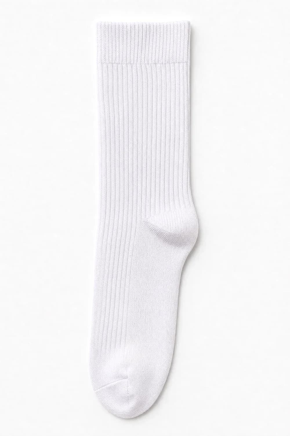 A white ribbed crew sock laid flat. Everywhere, evenly: the tone reads carries a hue.
