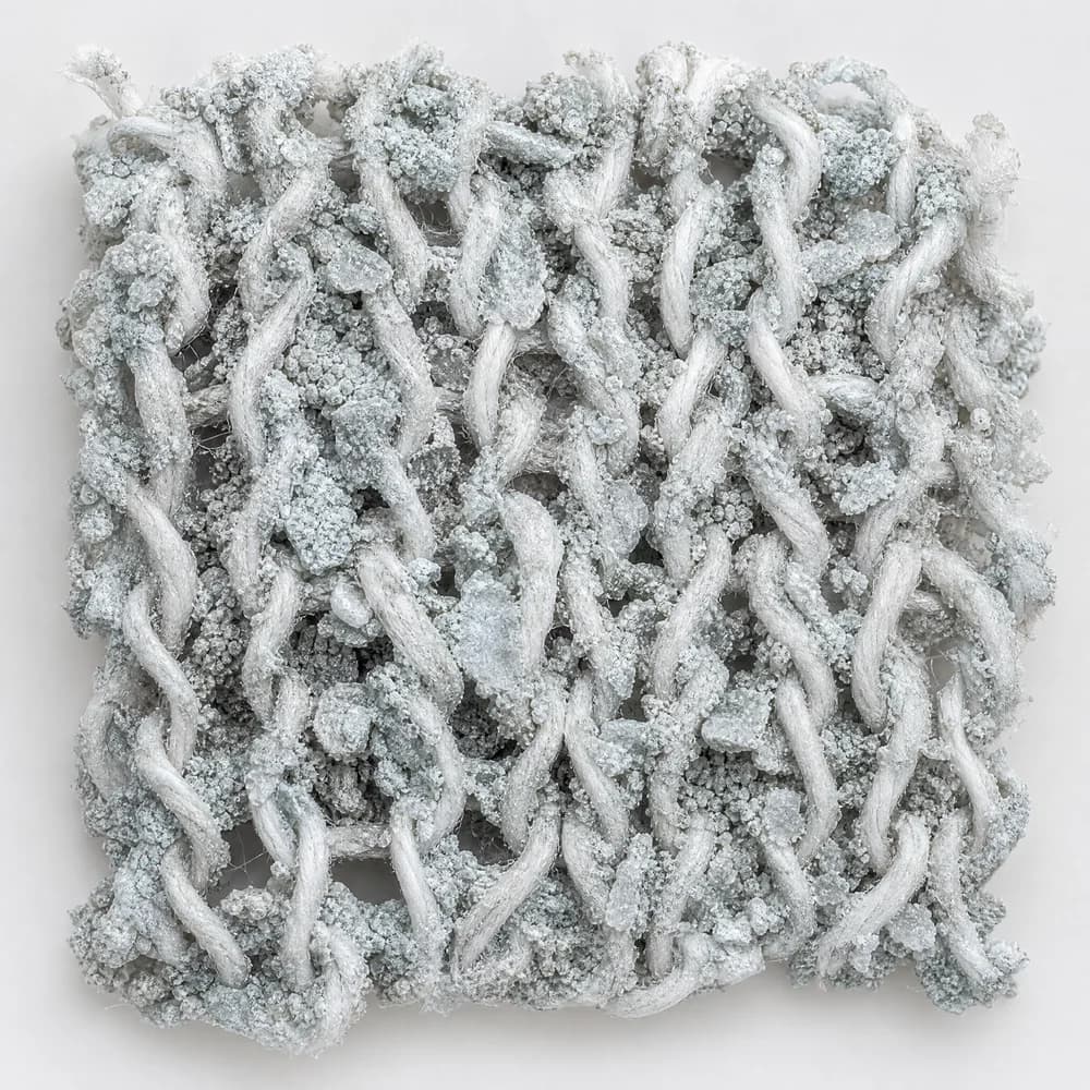Extreme macro of white knitted cotton loops encrusted with pale chalky crystalline scale that has stiffened the loop structure.