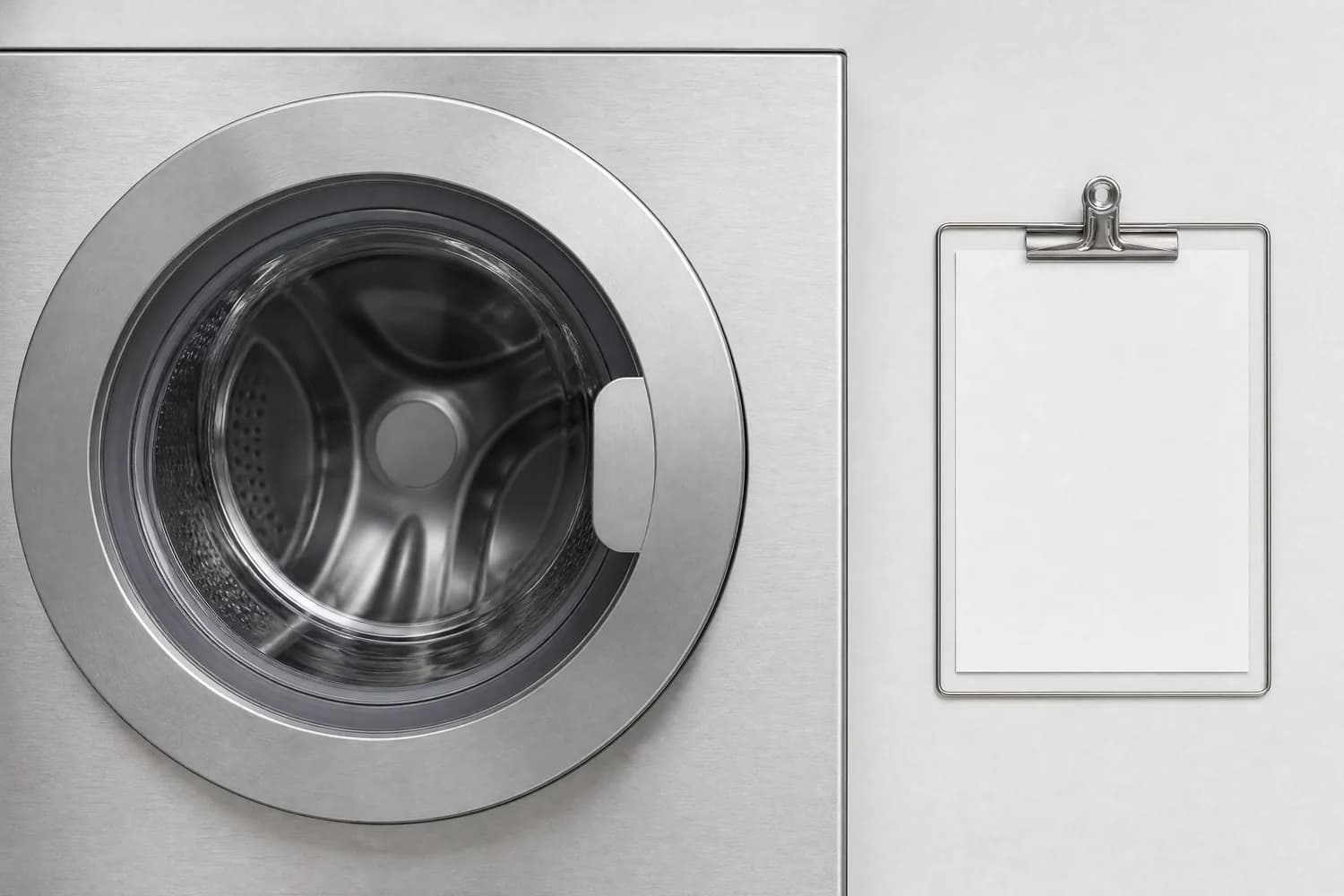 A washing machine door and a blank card clipped to a wire clipboard on the wall beside it.