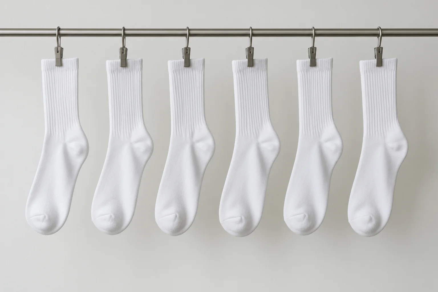 Plain white socks hanging evenly spaced from a metal drying rail against a pale bare wall.