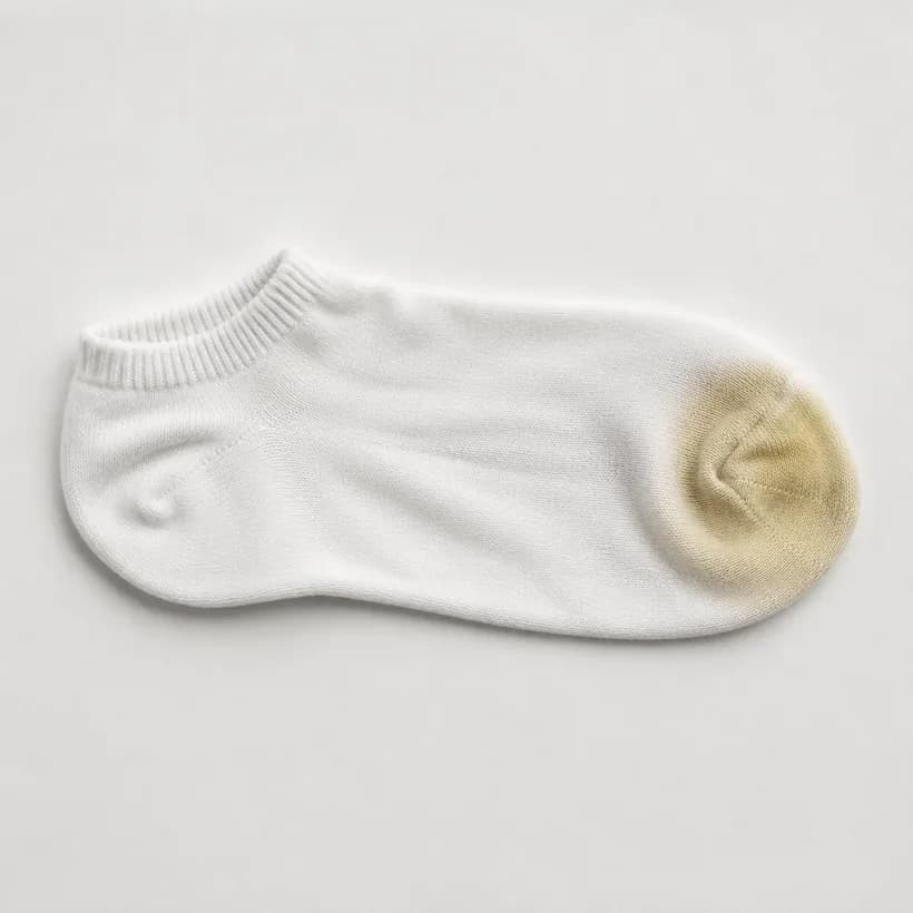 A white ankle sock laid flat with warm yellow discoloration pooled at the toe end only.