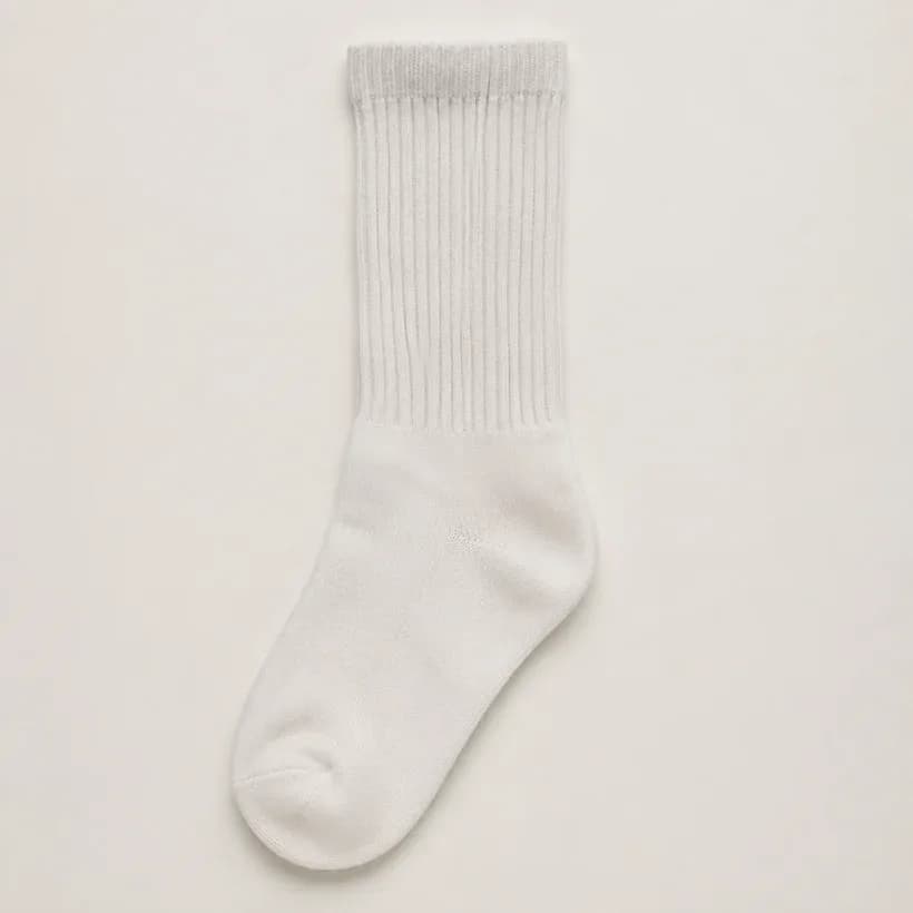 A white ribbed sports sock laid flat with cool chalky dullness settled into the valleys of the thick cuff.