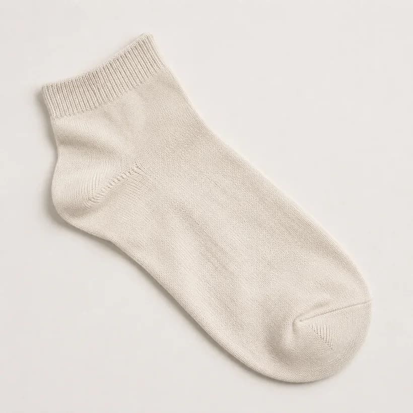 A fine lightweight white trainer sock laid flat, uniformly dull across its whole surface.