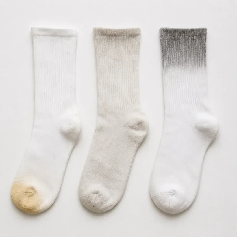 Three white socks of the same style laid in a row, each showing a different discoloration pattern.