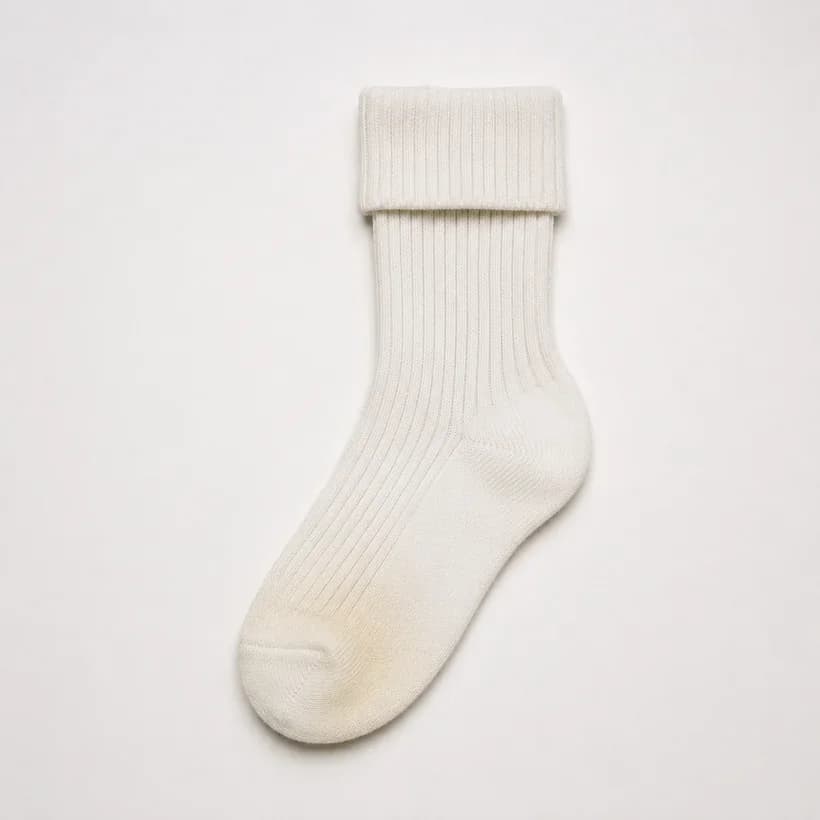 A white ribbed crew sock laid flat with its cuff folded down and a soft warm shadow under the ball of the foot.