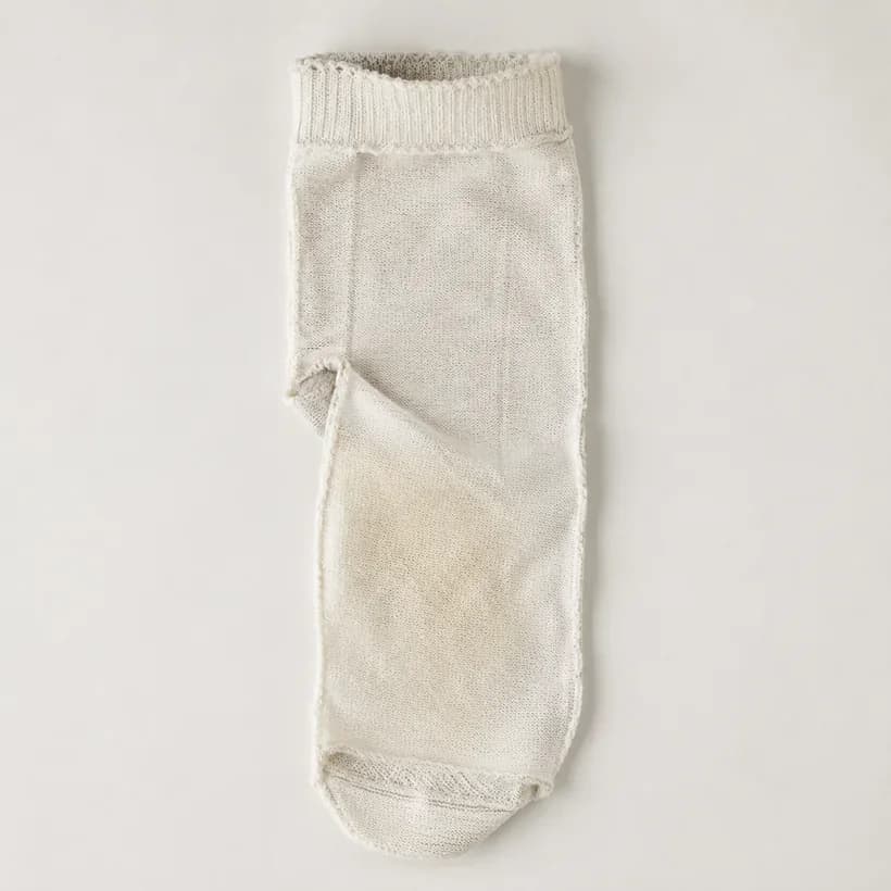 A white crew sock laid flat and turned inside out, a faint warm zone visible on the inside face at the sole.